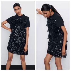 Zara Sequin Tiered Ruffle Cocktail Dress Black Short Sleeve Size S.